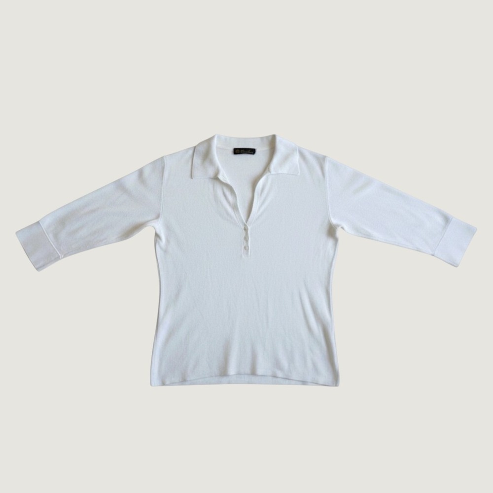 Loro Piana Womens White Knit Long Sleeve Polo Sweater Button Cuffs Size 42